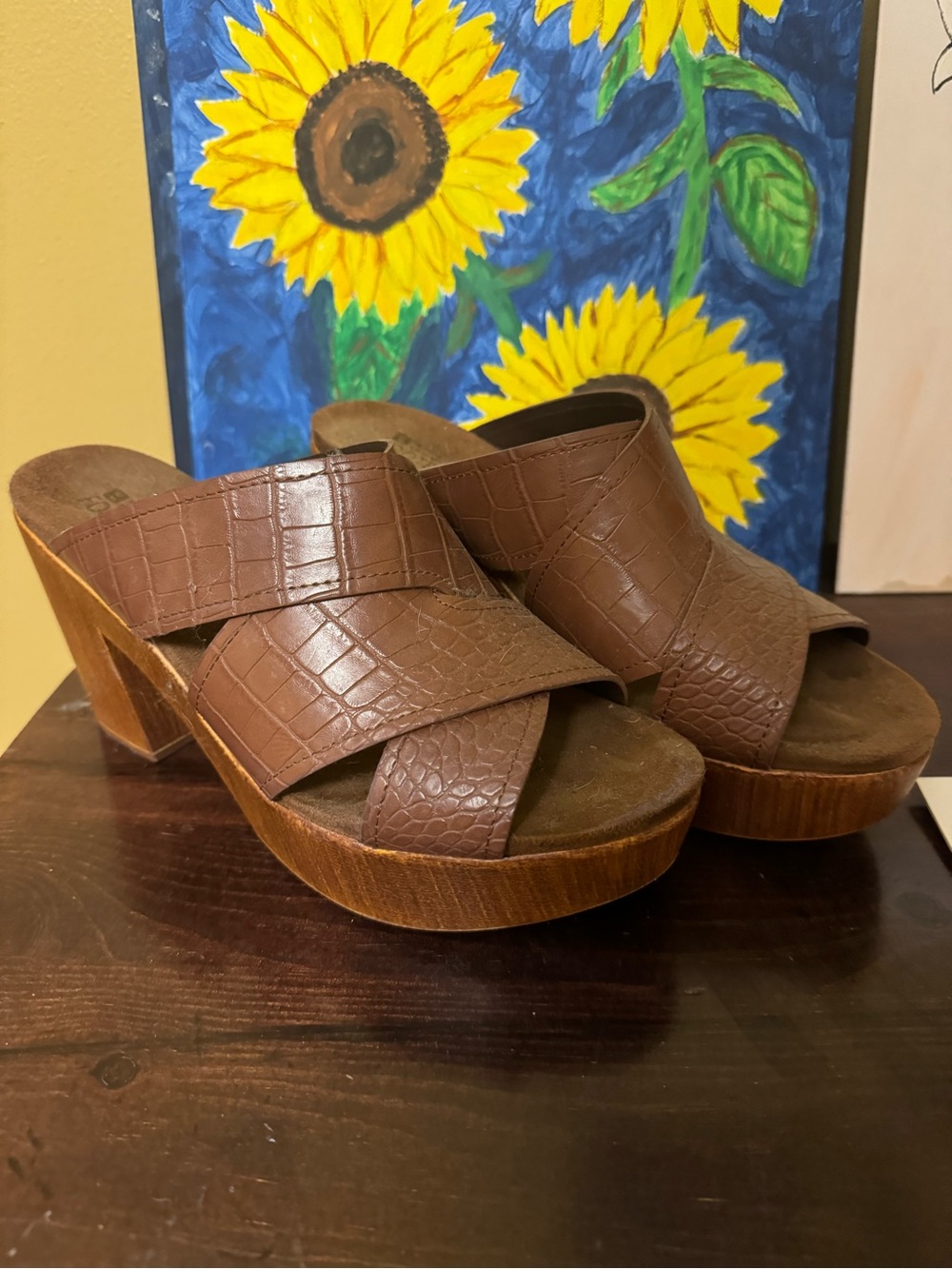 Brown Croc-Embossed Slide Platform Heels